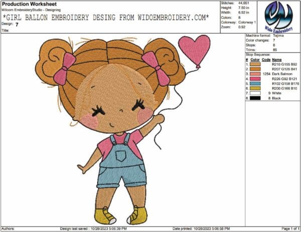 girl ballon embroidery desing from widoembroidery.com
