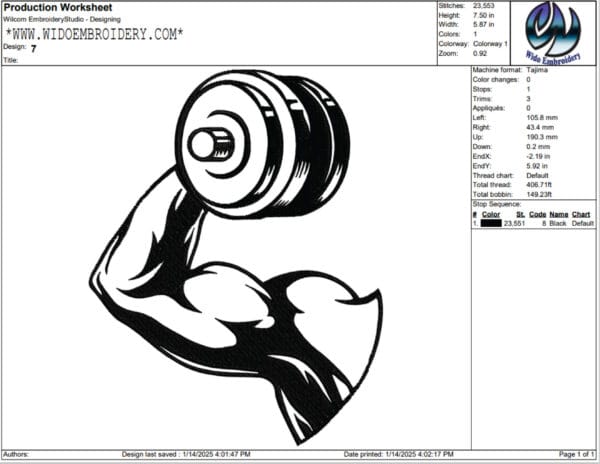 gym biceps embroidery design from widoembroidery.com