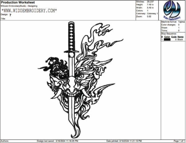 samurai mask embroidery design from widoembroidery.com