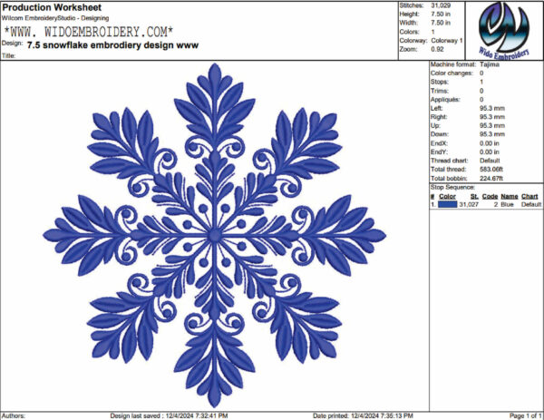 snowflake embroidery design from widoembroidery.com