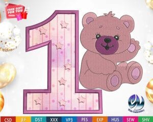 teddy bear number one embroidery design from widoembroidery.com