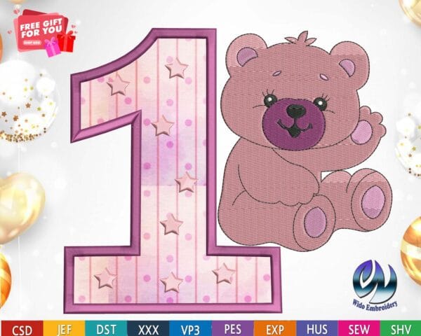 teddy bear number one embroidery design from widoembroidery.com