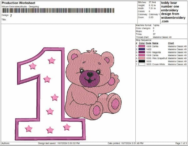 teddy bear number one embroidery design from widoembroidery.com