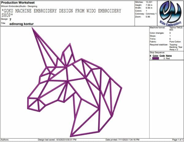 unicorn embroidery design from widoembroidery.com