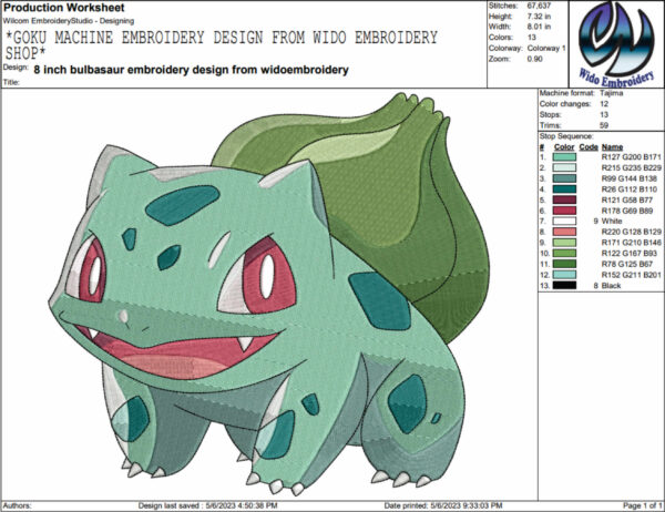 bulbasaur embroidery design from widoembroidery.com