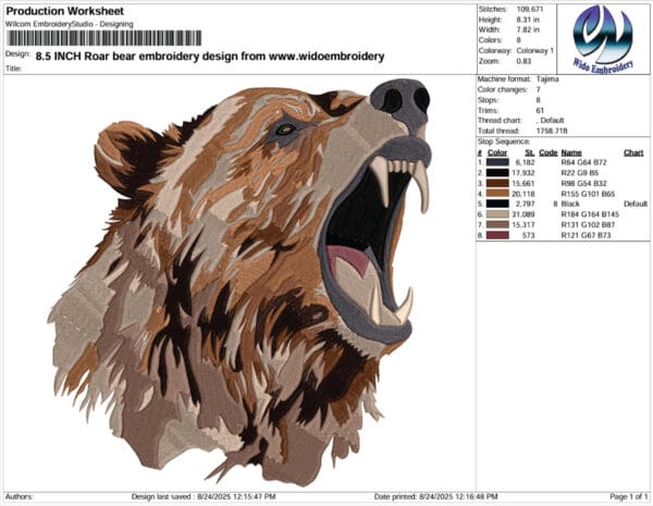 roar bear embroidery design from www.widoembroidery.com