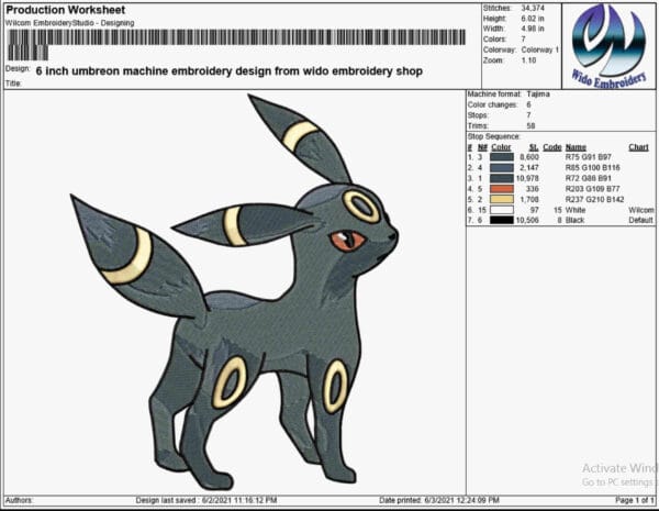 umbreon embroidery design from widoembroidery.com