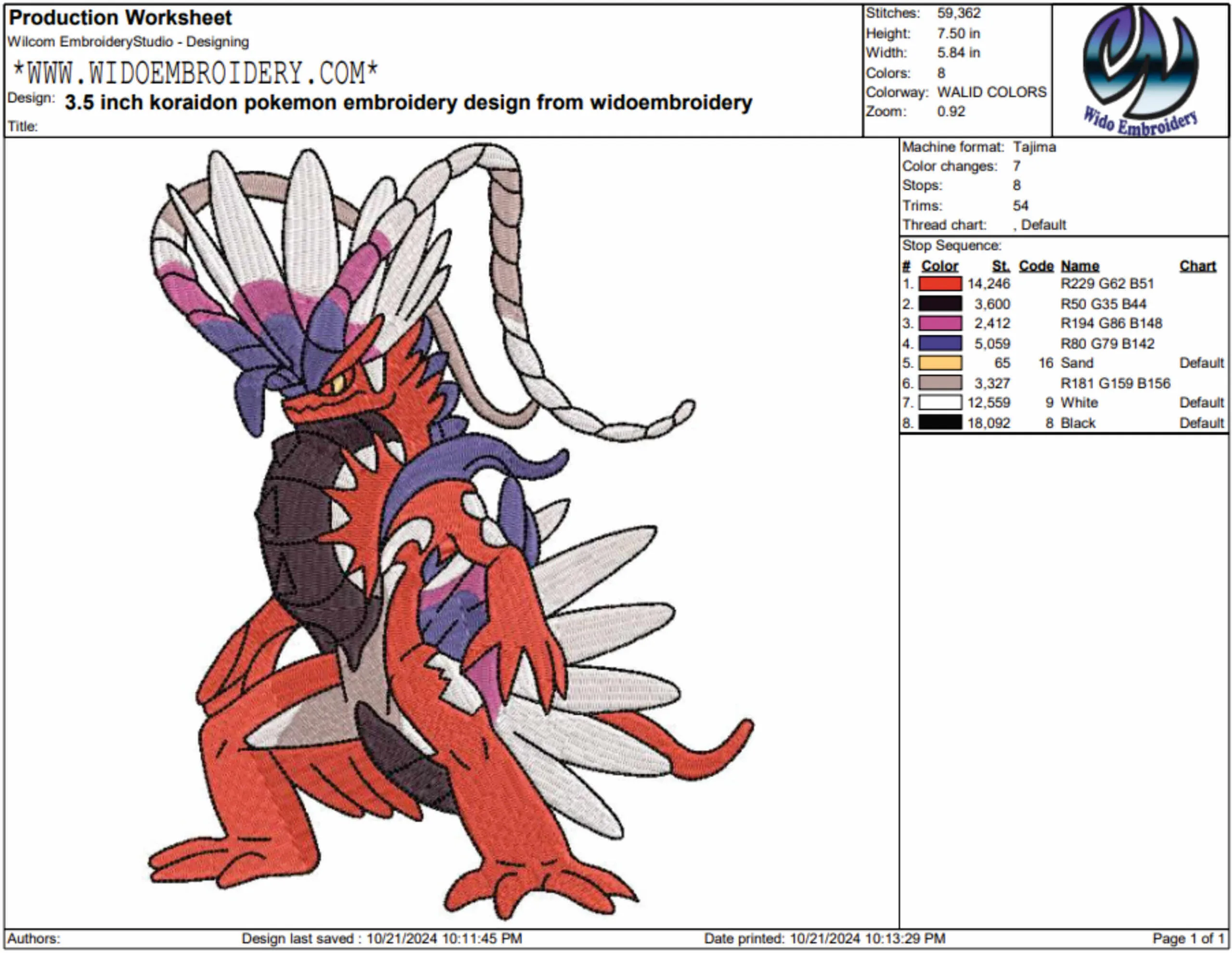 koraidon pokemon embroidery design from widoembroidery.com
