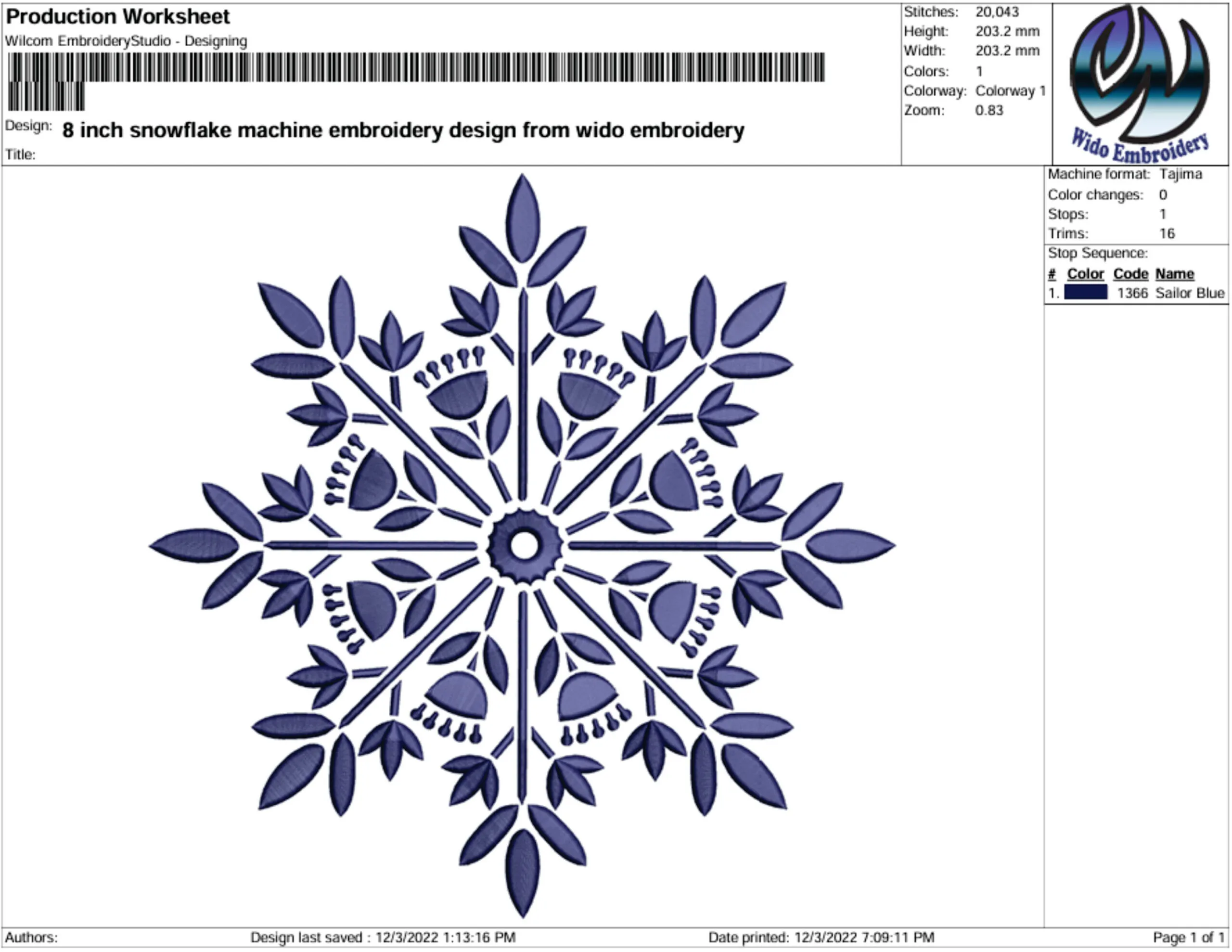 snowflake 2 embroidery design from widoembroidery.COM
